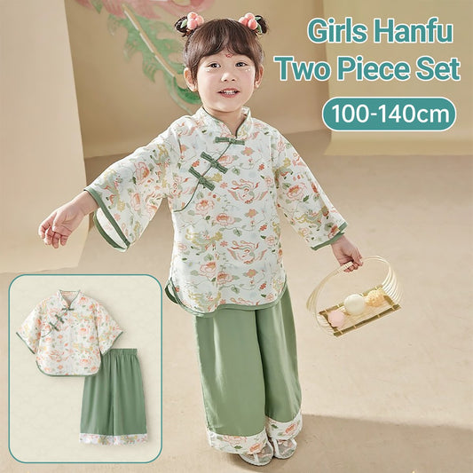 Girls Hanfu Two-Piece Set with floral patterns traditional New Year outfit