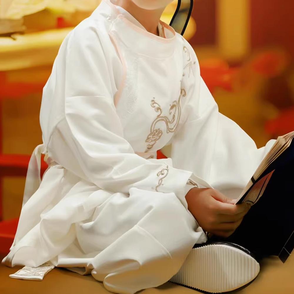 Children's Hanfu male dress - traditional white embroidered costume