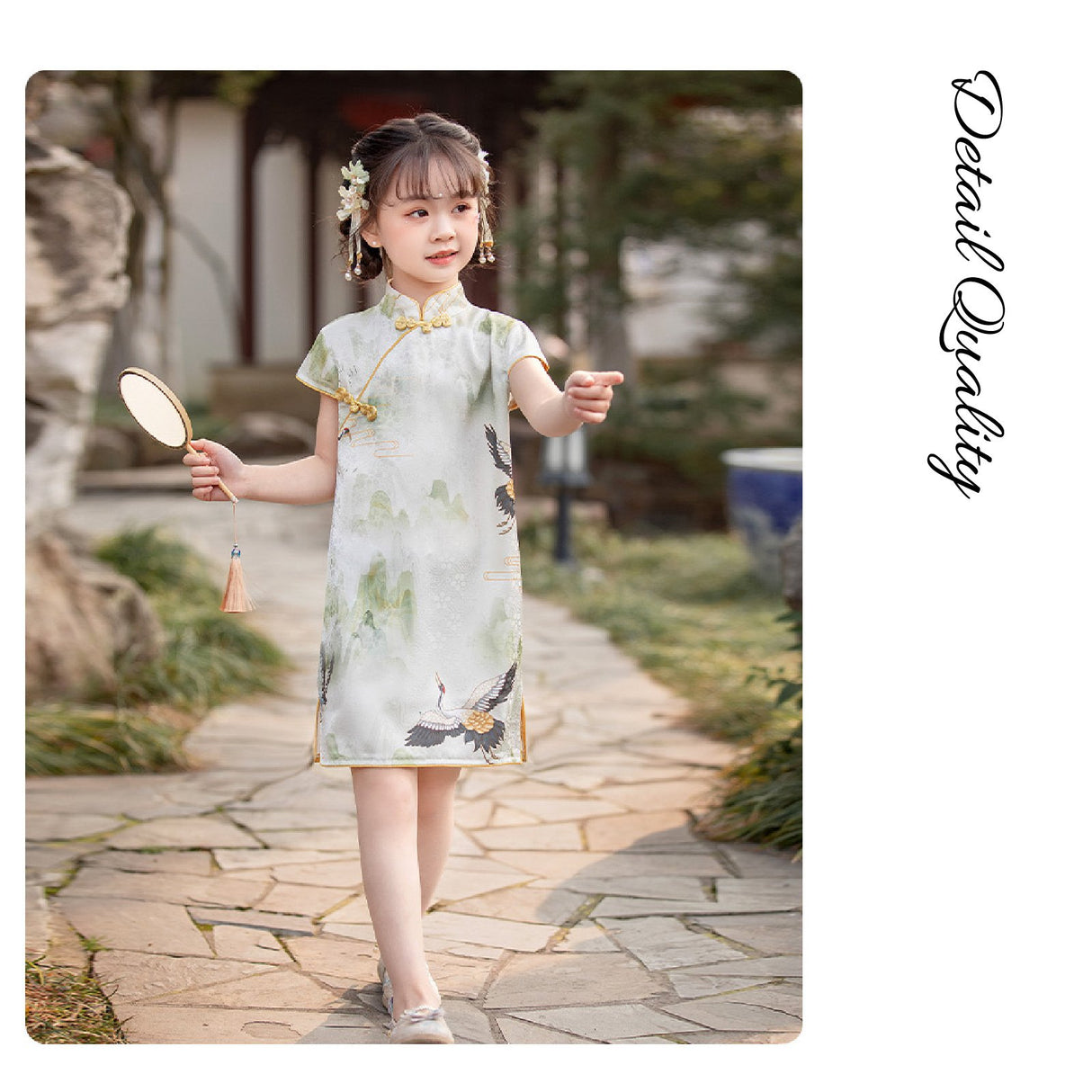 Traditional Chinese Cheongsam for Girls - Qipao Dress with Crane Motifs