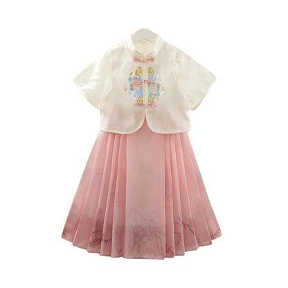 Girls Pink and Green Short Sleeve Hanfu Dress