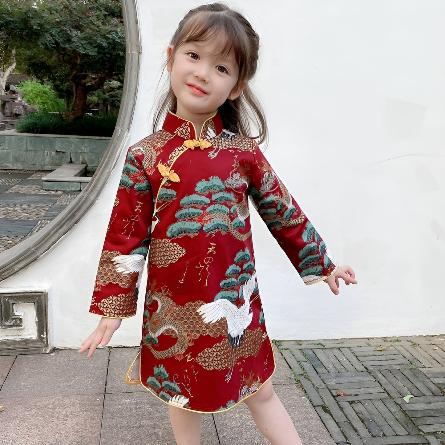 Red New Year dress cheongsam for kids with dragon and crane embroidery