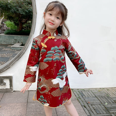 Red New Year dress cheongsam for kids with dragon and crane embroidery