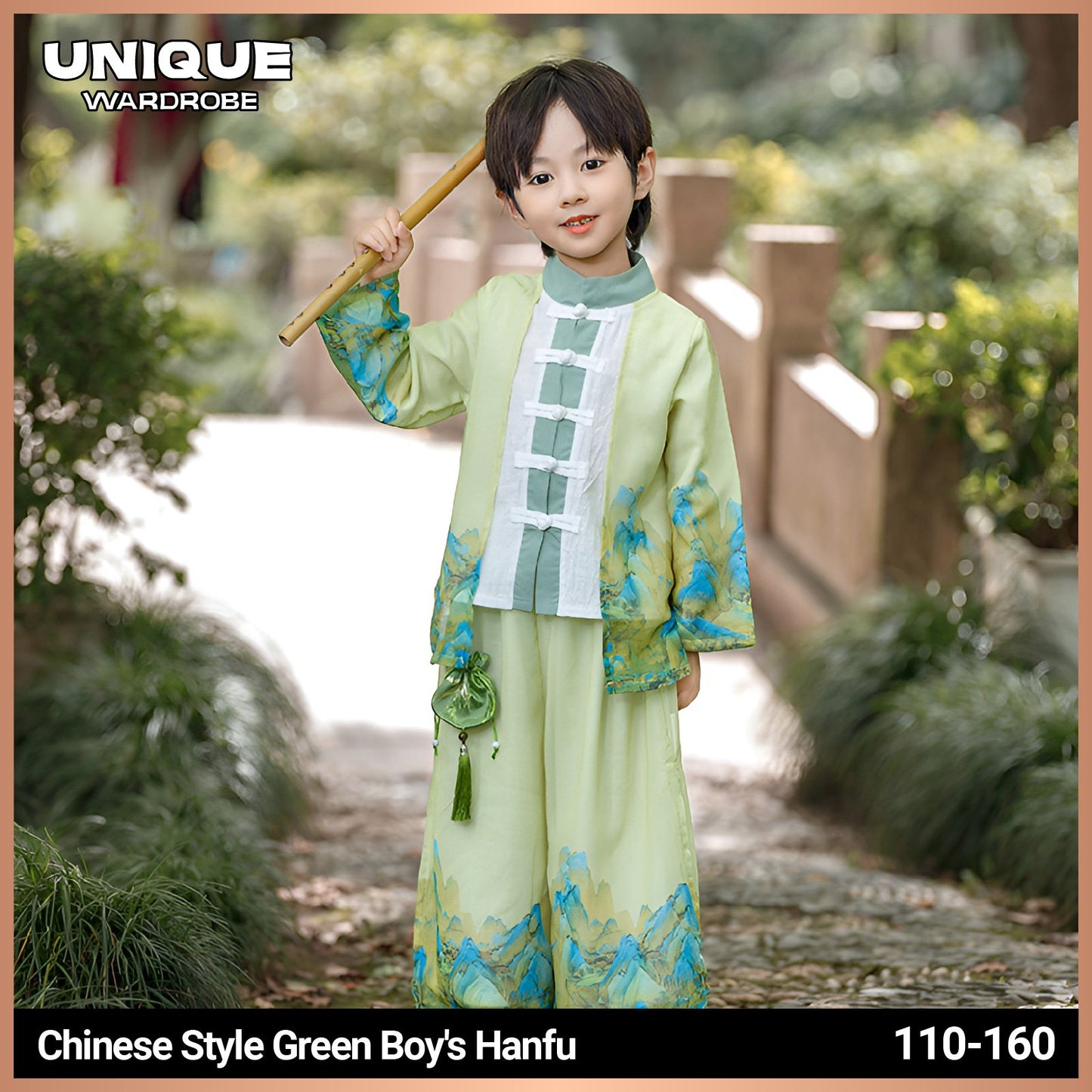 Boys' Traditional Green Landscape Painting Hanfu