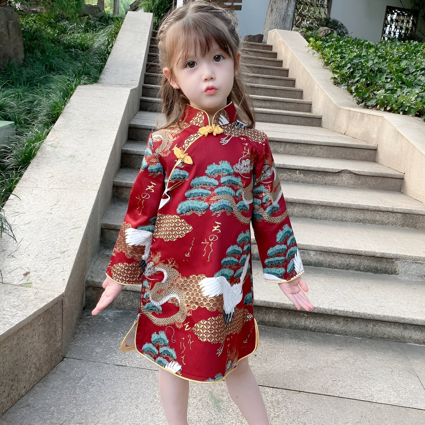 Red New Year dress cheongsam for kids with dragon and crane embroidery