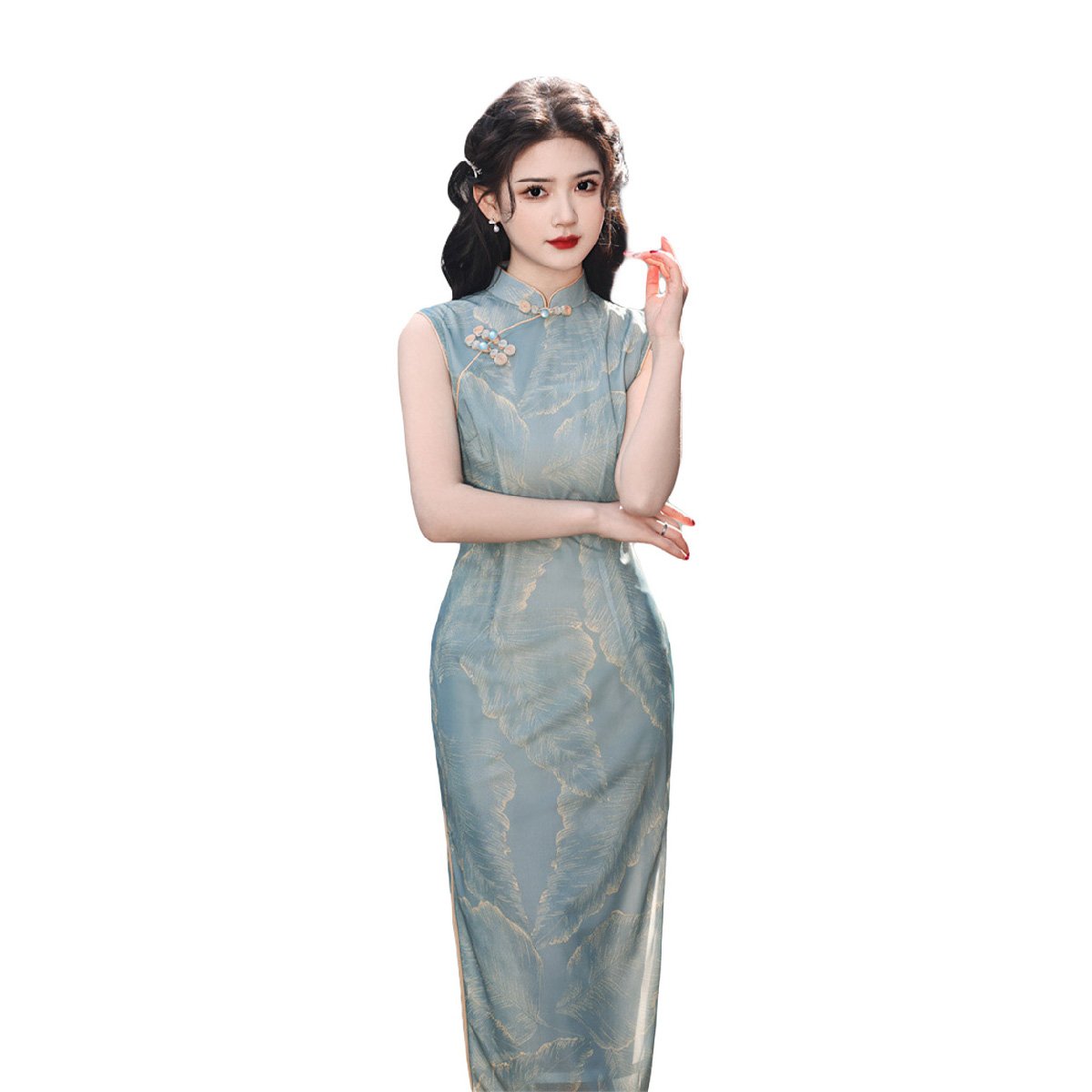 Sleeveless Blue Floral Cheongsam Dress