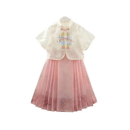 Girls Pink and Green Short Sleeve Hanfu Dress