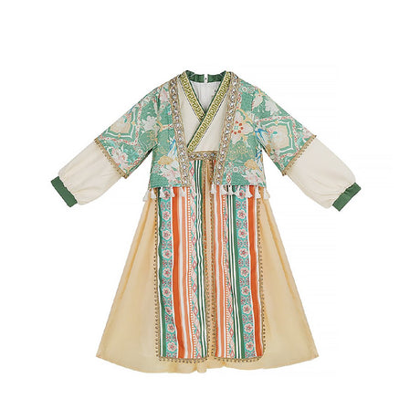 Girls Ethnic Dress Hanfu Ethnic Wear with Green and Beige Accents