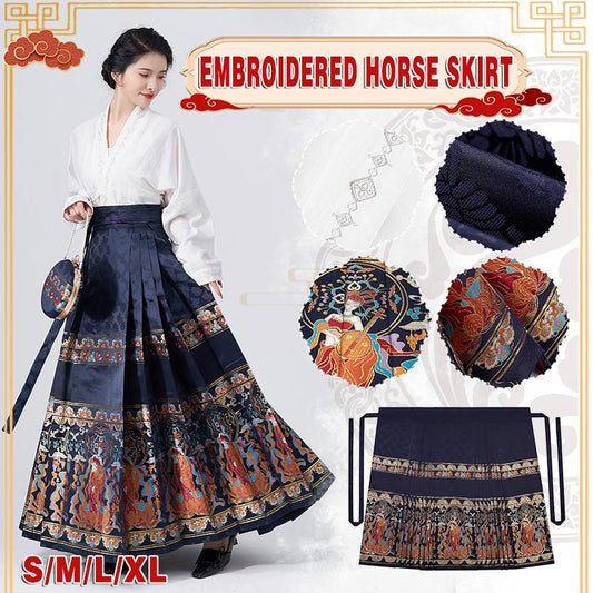 Mamianqun embroidered horse skirt and blouse for women in navy blue with colorful embroidery