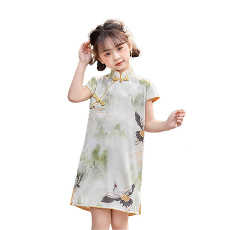 Traditional Chinese Cheongsam for Girls - Qipao Dress with Crane Motifs