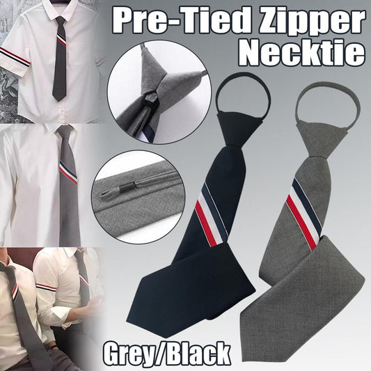 Men's zipper tie Fashion Pattern Striped Cotton Tie Preppy Student Slim Necktie - Aimall