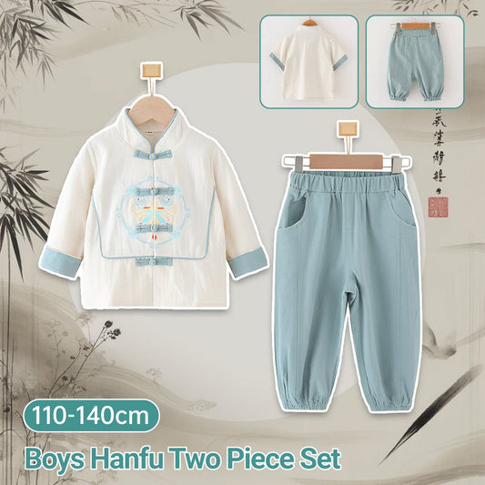 Boys' Tang Suit Hanfu two-piece set - traditional Chinese attire with embroidery in white and light blue