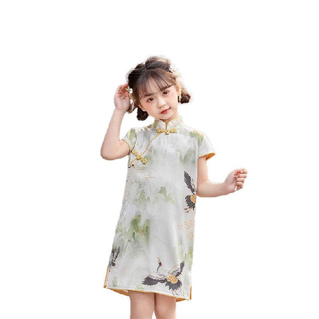 Traditional Chinese Cheongsam for Girls - Qipao Dress with Crane Motifs