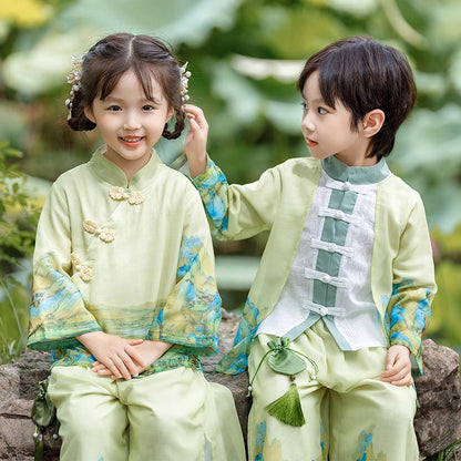 Boys' Traditional Green Landscape Painting Hanfu