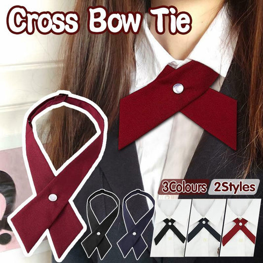 Small Women Criss-Cross Bow Tie School Girl Uniform Solid Adjustable Pre Tied Necktie - Aimall