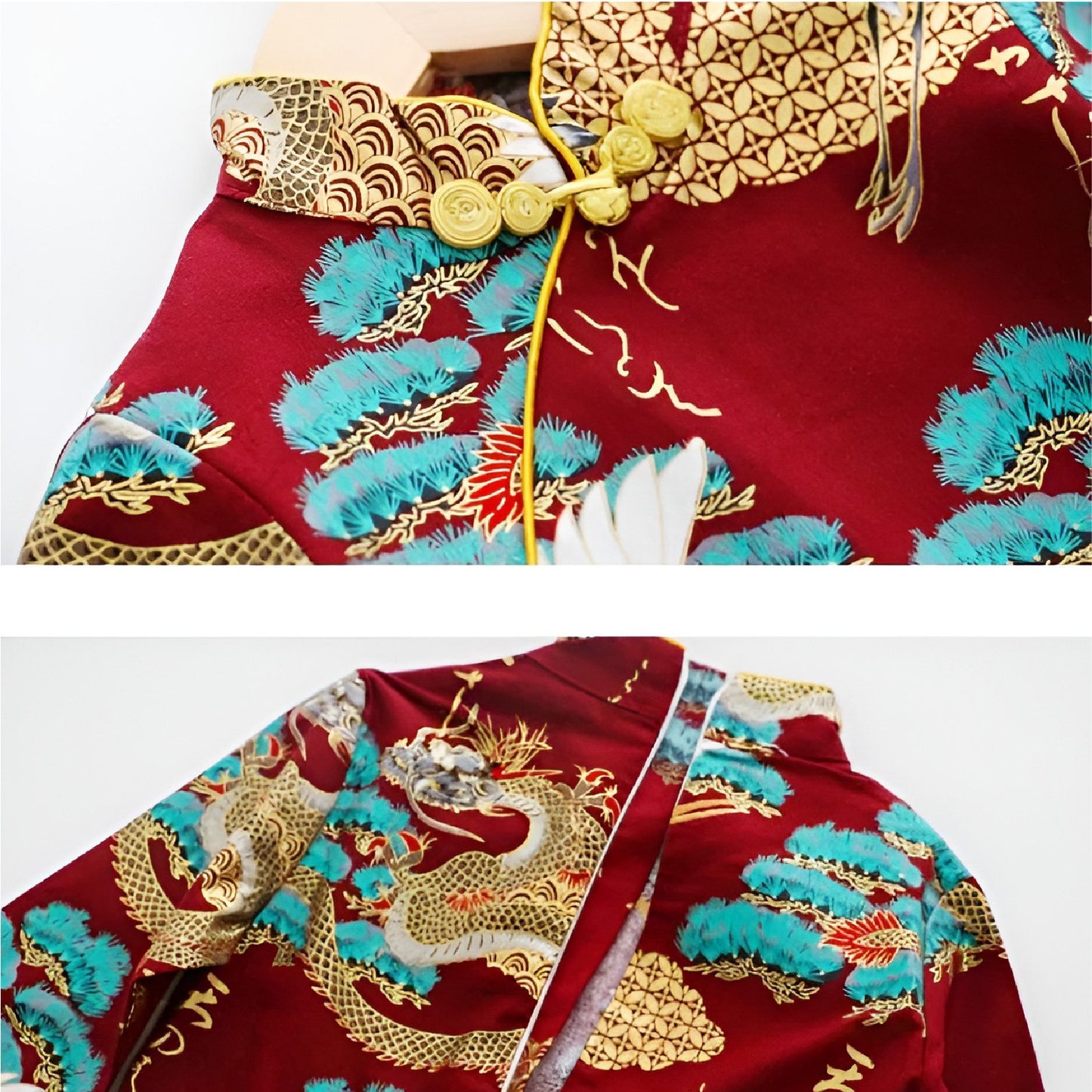 Red New Year dress cheongsam for kids with dragon and crane embroidery