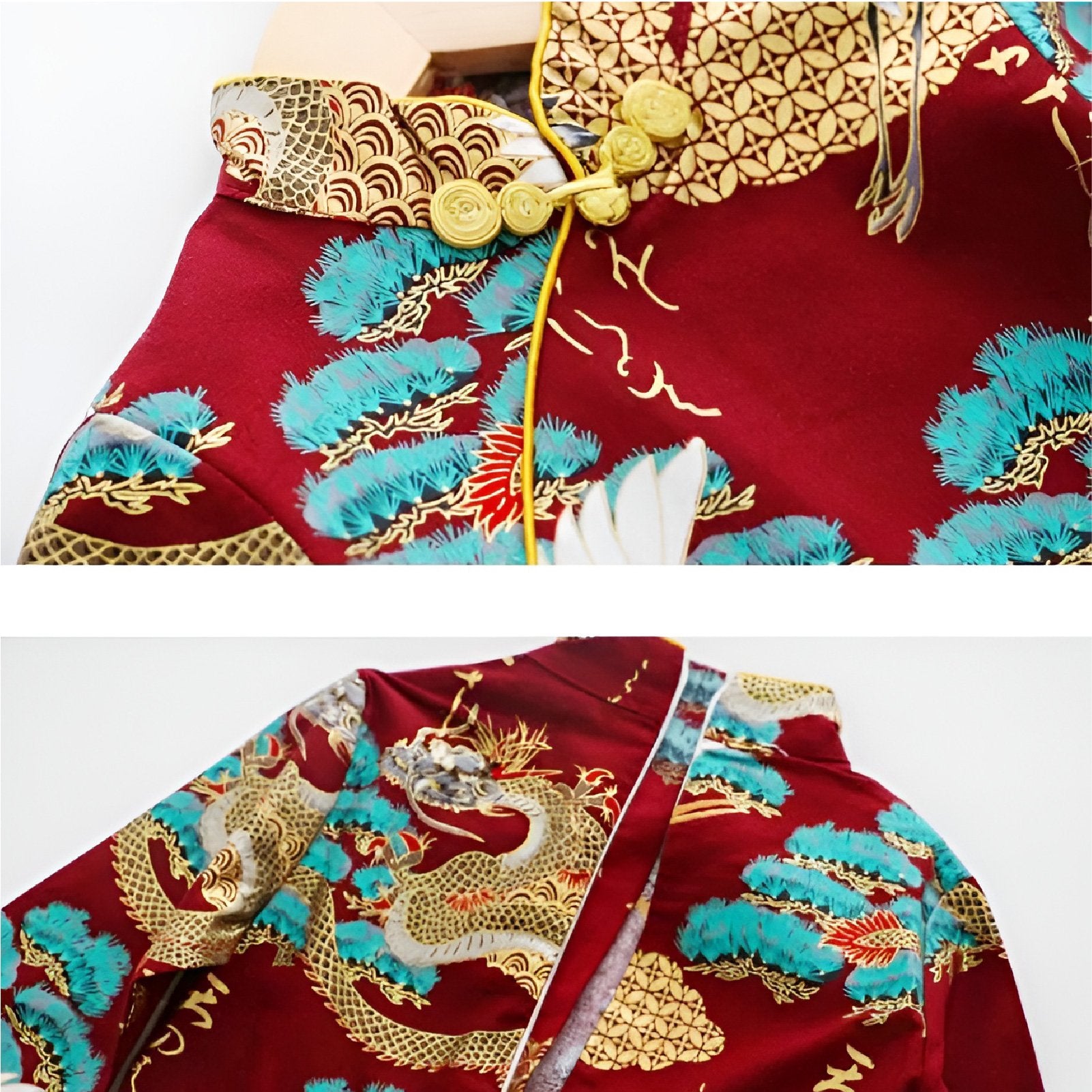 Red New Year dress cheongsam for kids with dragon and crane embroidery