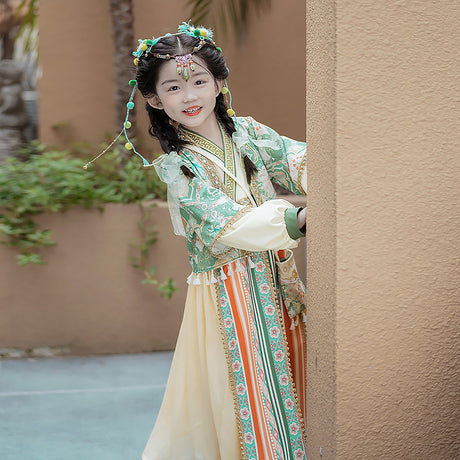 Girls Ethnic Dress Hanfu Ethnic Wear with Green and Beige Accents