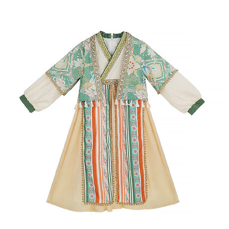 Girls Ethnic Dress Hanfu Ethnic Wear with Green and Beige Accents