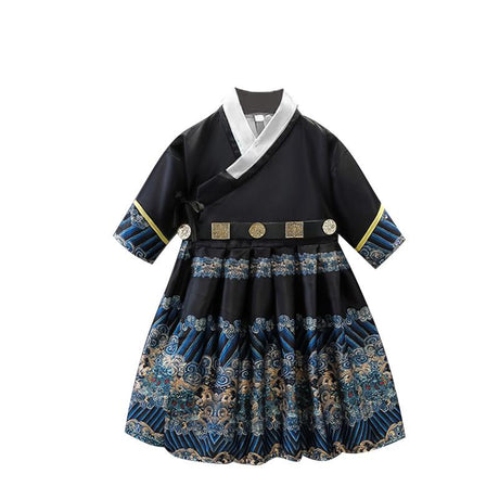 Traditional Chinese New Year Outfit Hanfu for kids in red and navy blue with gold patterns