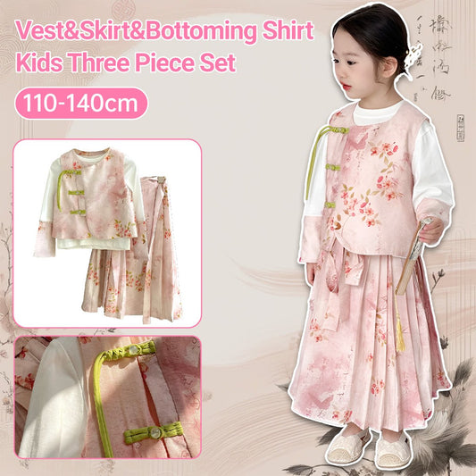 Girls Pink Floral Hanfu Three Piece Set