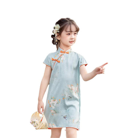 Blossoming Garden Cotton Qipao Dress for Girls with Floral Design