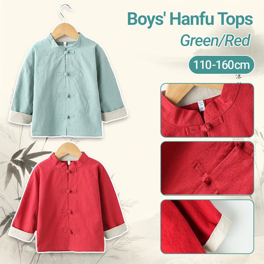 Boys' Tang suit top in green/red - traditional Hanfu design