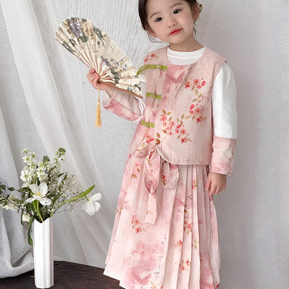 Girls Pink Floral Hanfu Three Piece Set