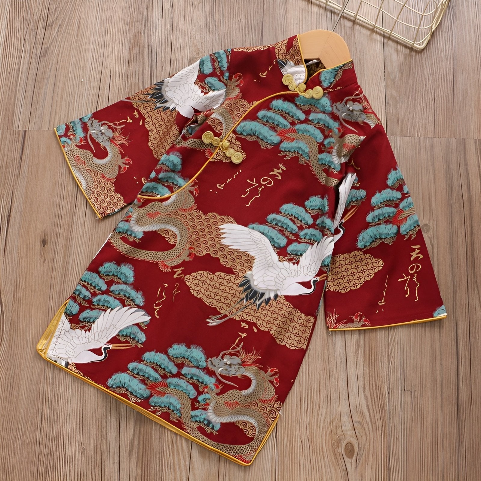 Red New Year dress cheongsam for kids with dragon and crane embroidery