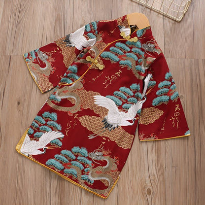 Red New Year dress cheongsam for kids with dragon and crane embroidery