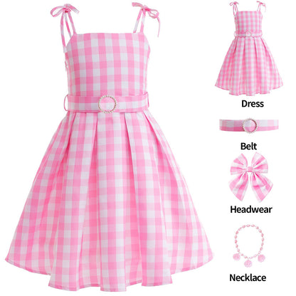 Barbie Cosplay Kid's Pink Gingham Summer Dress Set