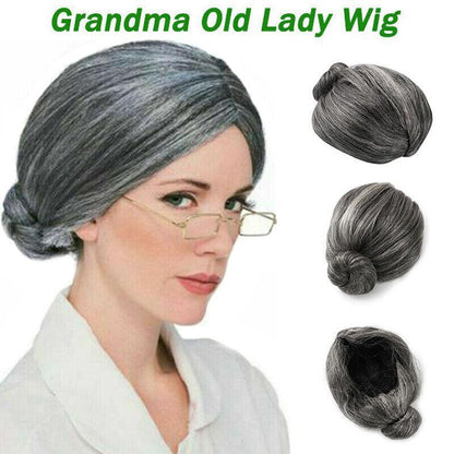 Grandma Wig Old Lady Woman Grey Silver Granny Mother Dress Up Costume Part AU - Aimall