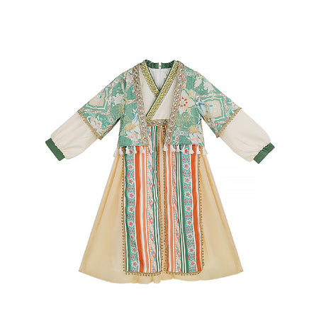 Girls Ethnic Dress Hanfu Ethnic Wear with Green and Beige Accents