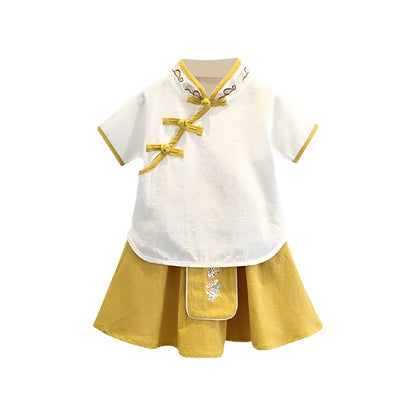 Girls Chinese Style Dress with embroidered traditional two-piece outfit