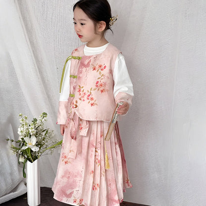 Girls Pink Floral Hanfu Three Piece Set