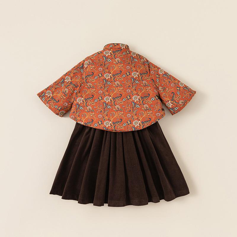 Girls' Oriental Floral Top and Velvet Skirt Set - Chinese New Year Outfit