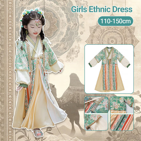 Girls Ethnic Dress Hanfu Ethnic Wear with Green and Beige Accents