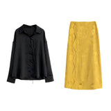 Elegant Black Blouse and Yellow Skirt Modern New Chinese Fashion Set