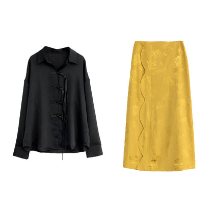 Elegant Black Blouse and Yellow Skirt Modern New Chinese Fashion Set