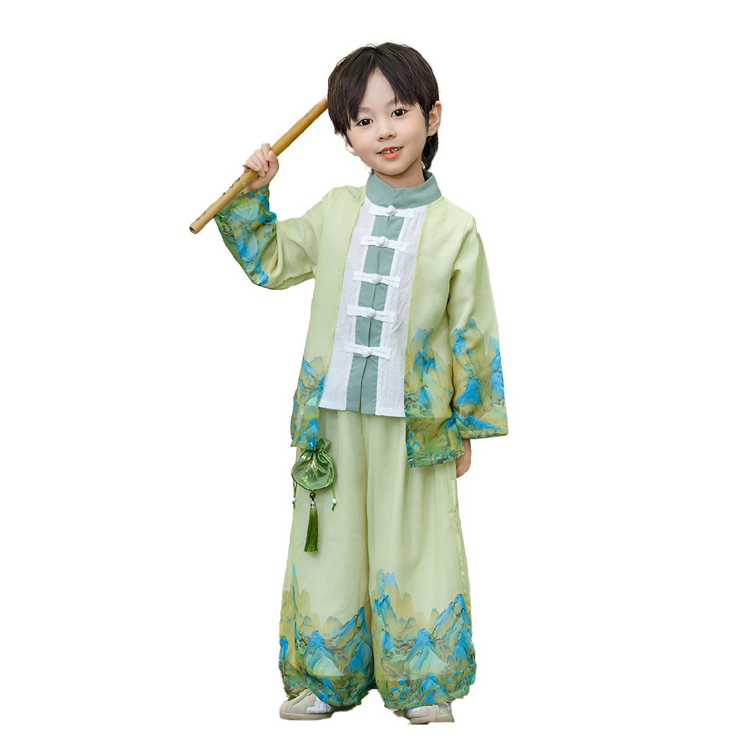 Boys' Traditional Green Landscape Painting Hanfu