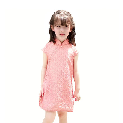 Pink Chinese dress cheongsam for girls with floral patterns