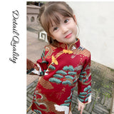 Red New Year dress cheongsam for kids with dragon and crane embroidery