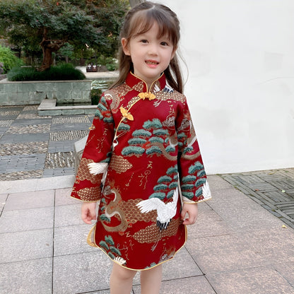 Red New Year dress cheongsam for kids with dragon and crane embroidery