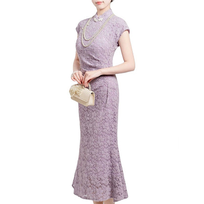 Lavender Elegant Lace Cheongsam Dress