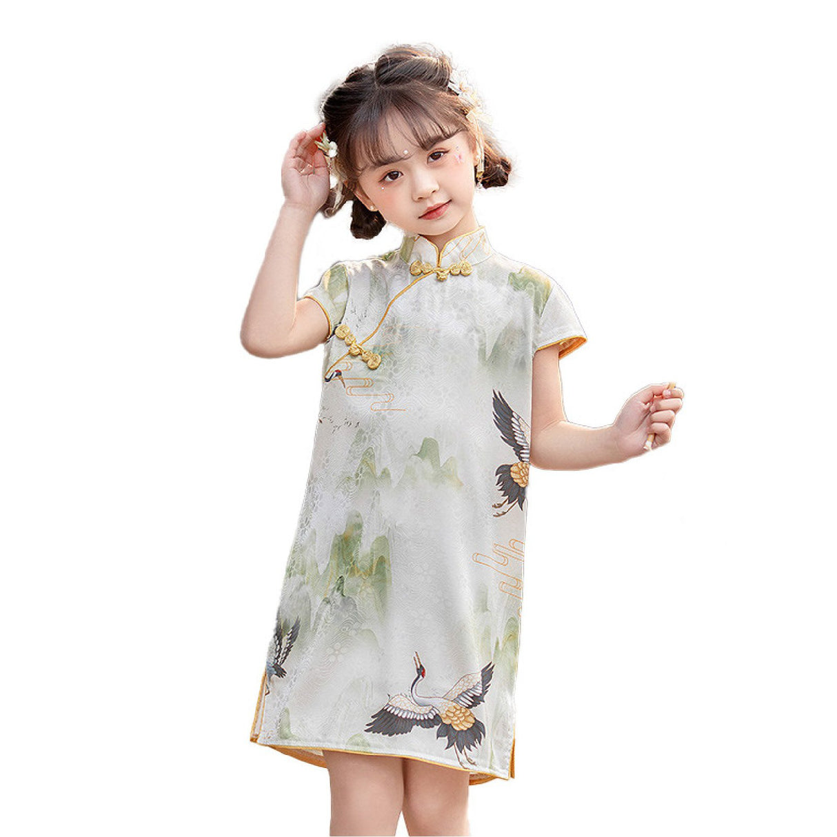 Traditional Chinese Cheongsam for Girls - Qipao Dress with Crane Motifs