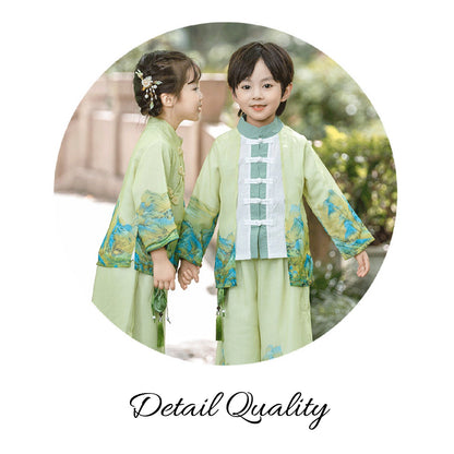 Boys' Traditional Green Landscape Painting Hanfu