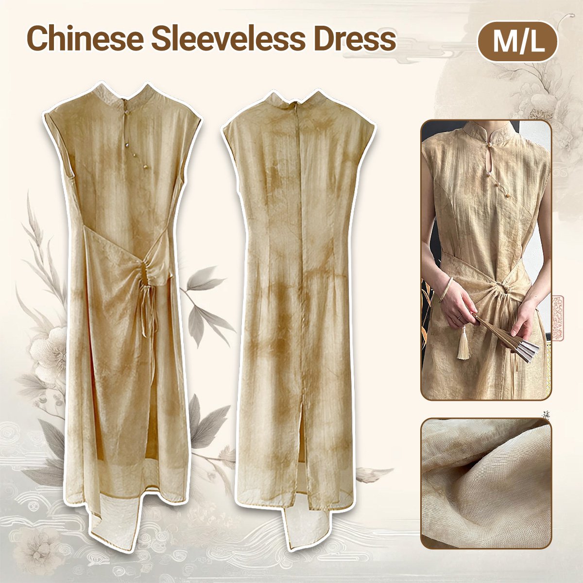 Beige Linen Chinese Sleeveless Dress