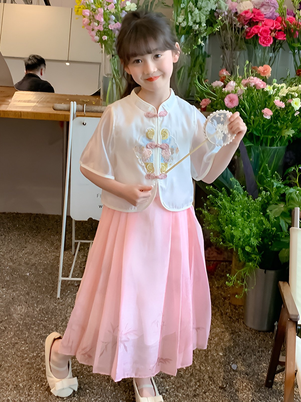 Girls Pink and Green Short Sleeve Hanfu Dress
