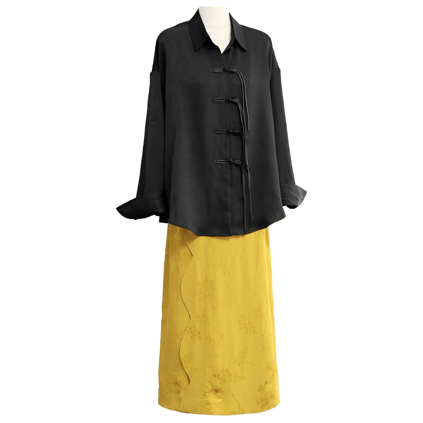 Elegant Black Blouse and Yellow Skirt Modern New Chinese Fashion Set