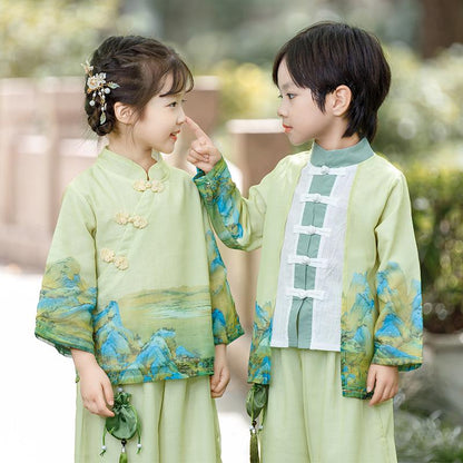 Boys' Traditional Green Landscape Painting Hanfu