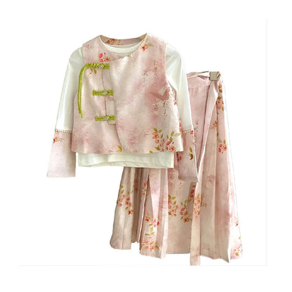 Girls Pink Floral Hanfu Three Piece Set